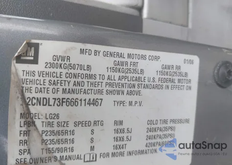 2006 Chevrolet Equinox Lt из США, поврежденный, VIN 2CNDL73F666114467